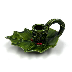 Handmade Glazed Ceramic Vintage Holly Berry Candelabrum Christmas Red Green '76